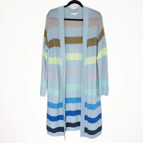 Lisa Todd Sand Sweeper Aqua Combo Striped Knit Long Open Cardigan Duster Sweater - Picture 3 of 11